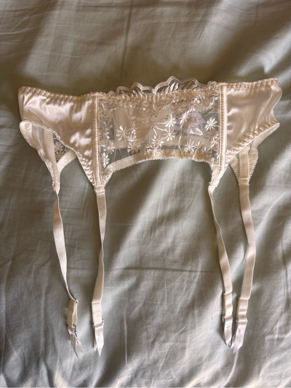 Kat the Label Sheer Floral Embroidered Garter Belt - Cream L